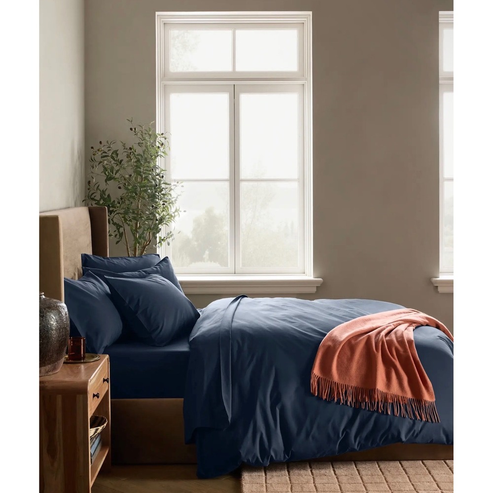Quince Organic Cotton Percale Duvet Cover Set Full/Queen Navy - Picture 10 of 10